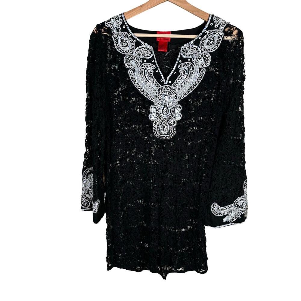 V Cristina Crochet Tunic Womens M Black Excellent Sequin Embroidered Boho Lace